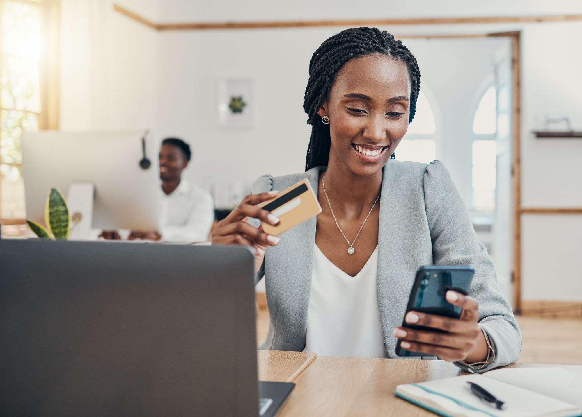 Credit card, smartphone and business black woman with fintech for online easy payment, loan applica